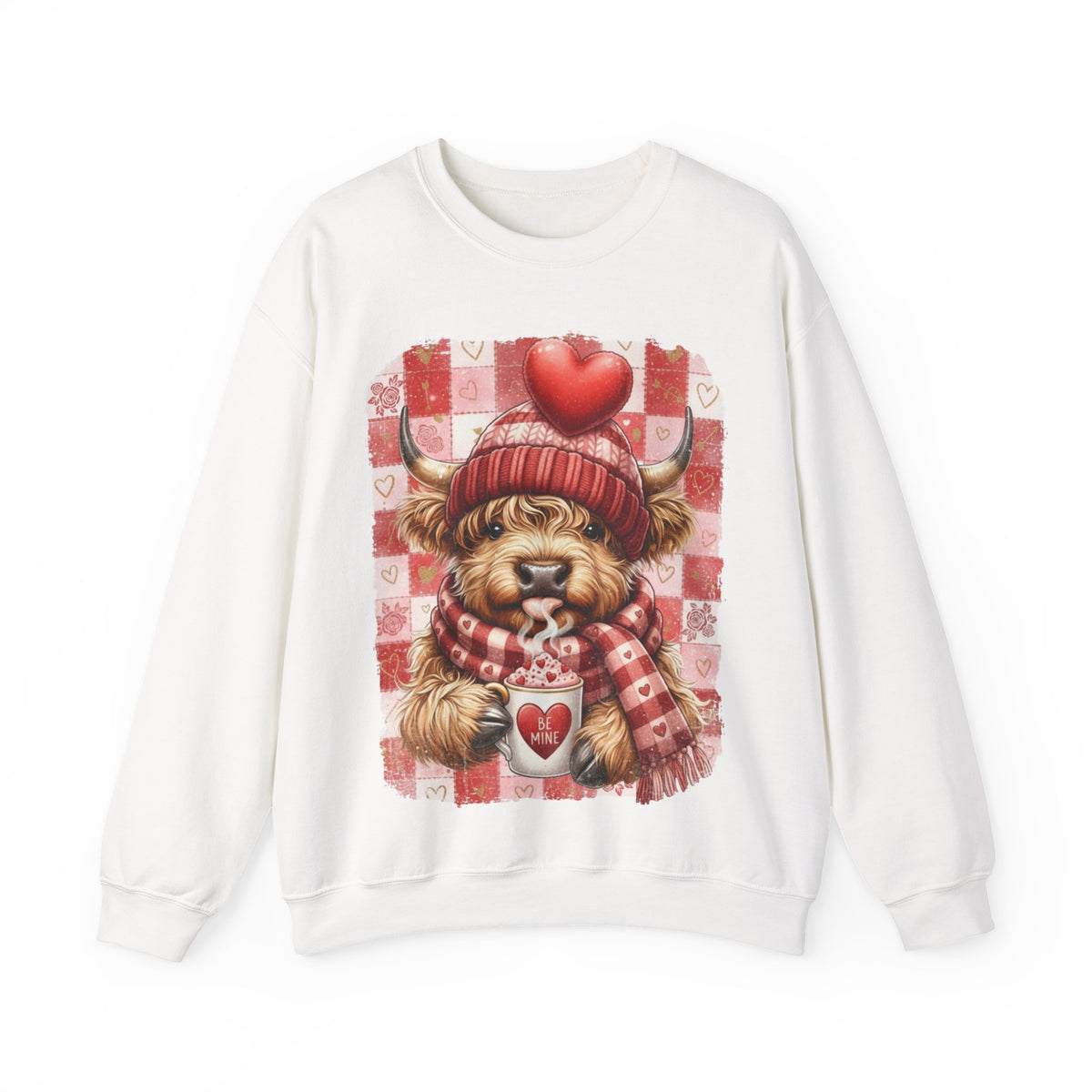 Highland Cow Be Mine, Red Checkered – Gildan Heavy Blend | Trendy Women’s Soft Sweatshirt. Direct to Garment. Printed & Shipped in the USA. Unisex Sizes.