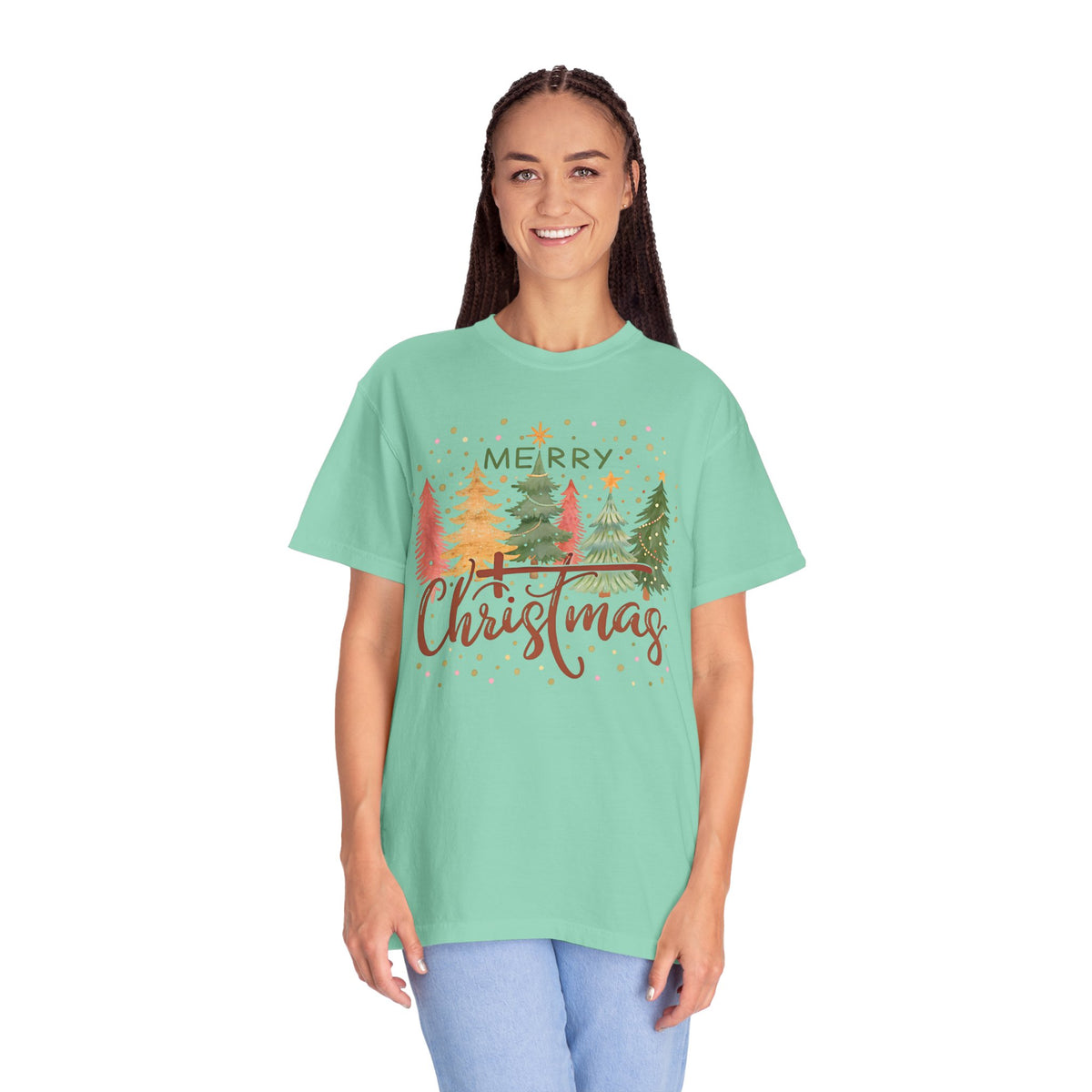 Merry ChrisTmas - Christian Faith - Comfort Colors | Trendy Women's T-Shirt. Direct to Garment. Printed & Shipped in the USA. Unisex Sizes.