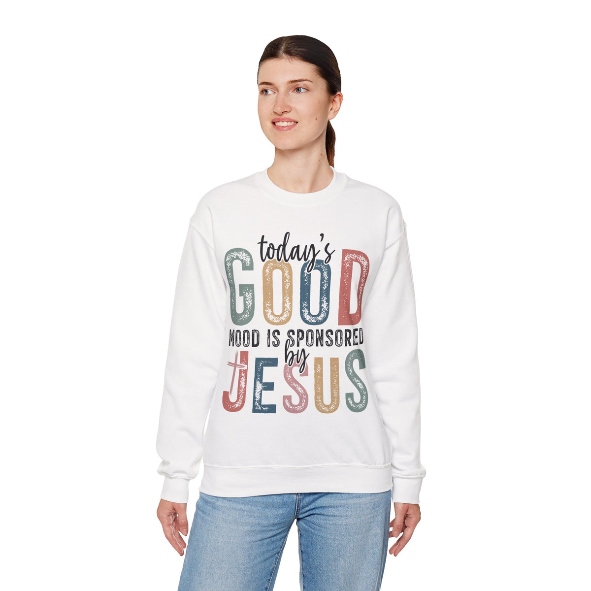 Today's Good Mood Sponsored By Jesus, Christian, Faith – Gildan Heavy Blend | Trendy Women’s Soft Sweatshirt. Direct to Garment. Printed & Shipped in the USA. Unisex Sizes.