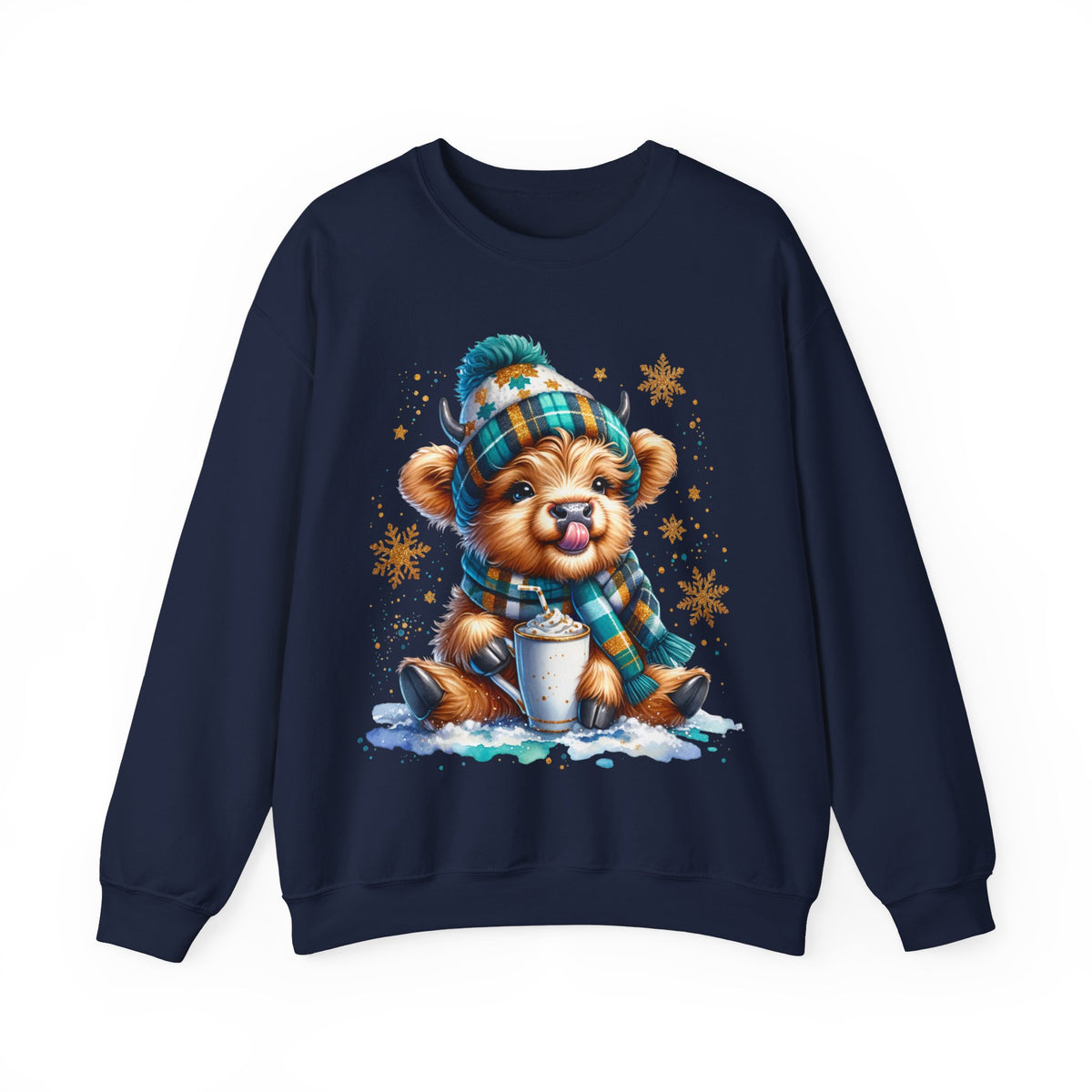 Winter Baby Highland Cow with Cocoa – Gildan Heavy Blend | Trendy Women’s Soft Sweatshirt. Direct to Garment. Printed & Shipped in the USA. Unisex Sizes.