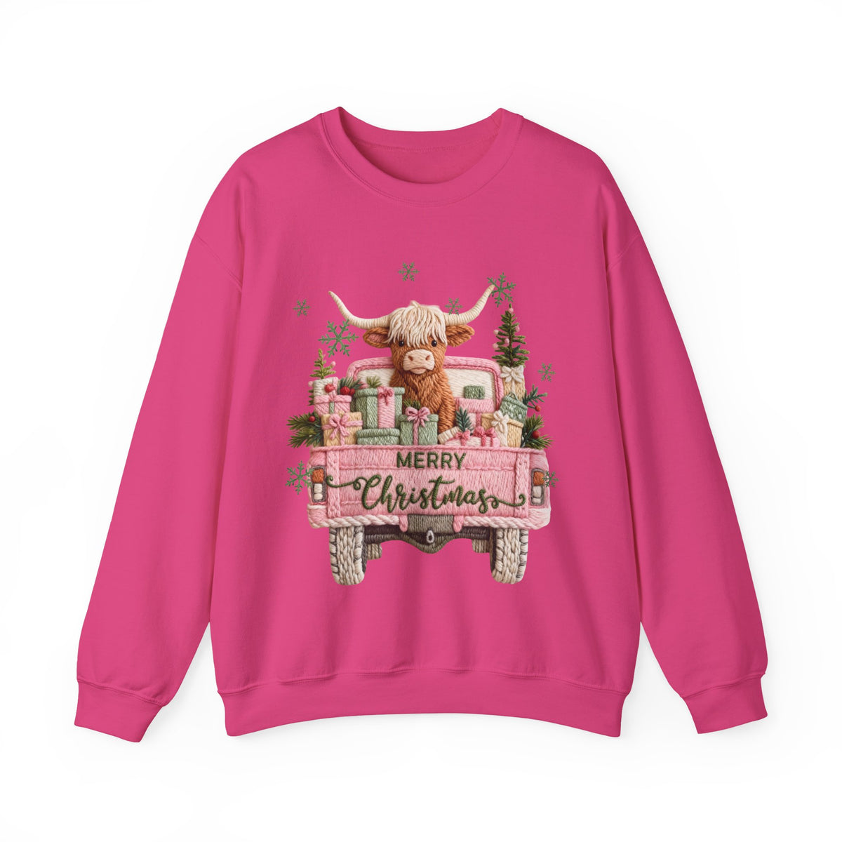Highland Cow in Pink Truck Merry Christmas Holiday Farmhouse – Gildan Heavy Blend | Trendy Women’s Soft Sweatshirt. Direct to Garment. Printed & Shipped in the USA. Unisex Sizes.