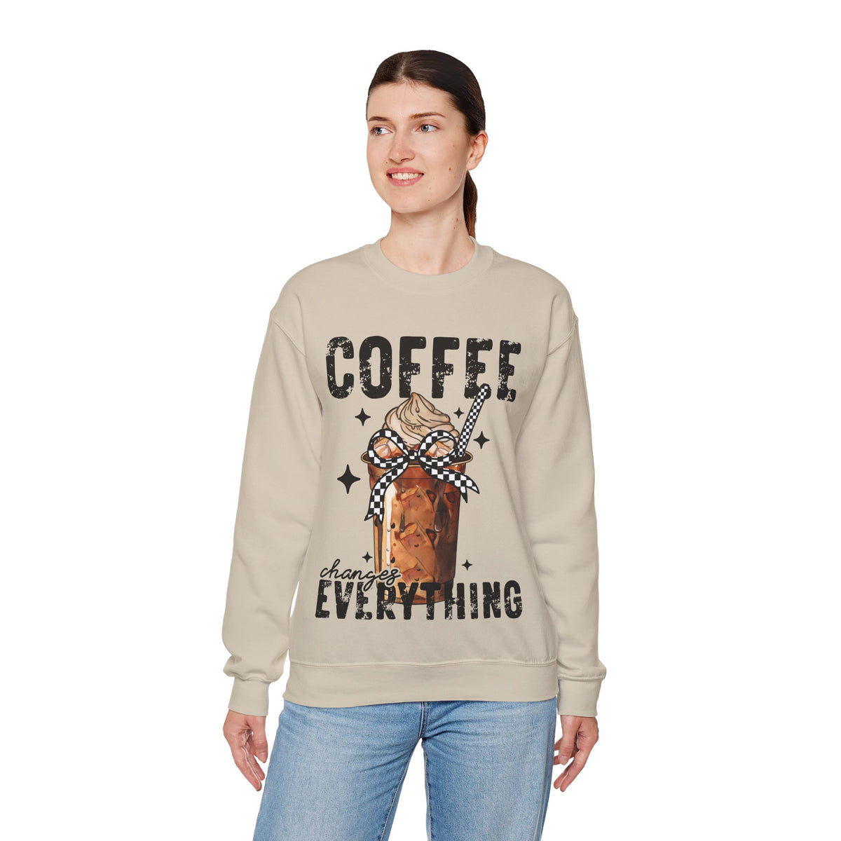 Coffee Changes Everything, Iced Coffee, Coffee Lovers – Gildan Heavy Blend | Trendy Women’s Soft Sweatshirt. Direct to Garment. Printed & Shipped in the USA. Unisex Sizes.