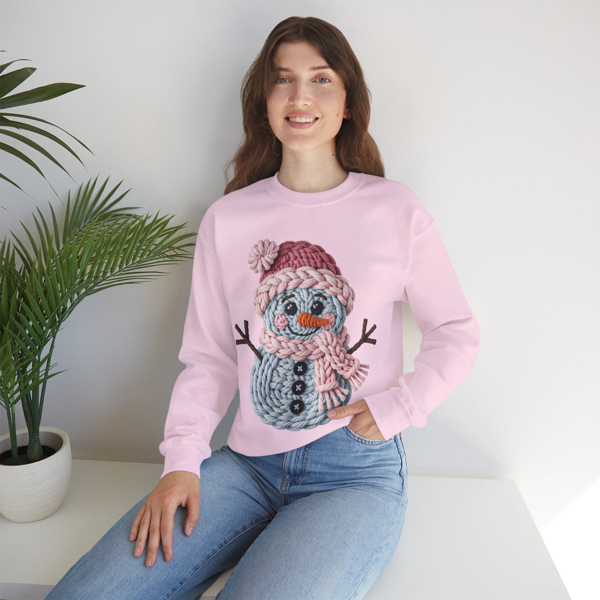 Cute Yarn Snowman - Pink Scarf Faux Yarn – Gildan Heavy Blend | Trendy Women’s Soft Sweatshirt. Direct to Garment. Printed & Shipped in the USA. Unisex Sizes.