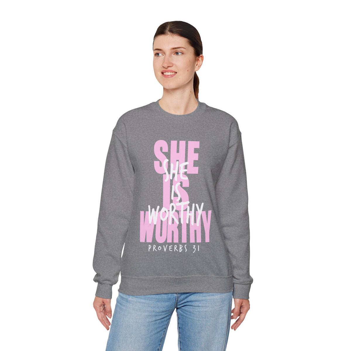 She Is Worthy – Gildan Heavy Blend | Trendy Women’s Soft Sweatshirt. Direct to Garment. Printed & Shipped in the USA. Unisex Sizes.