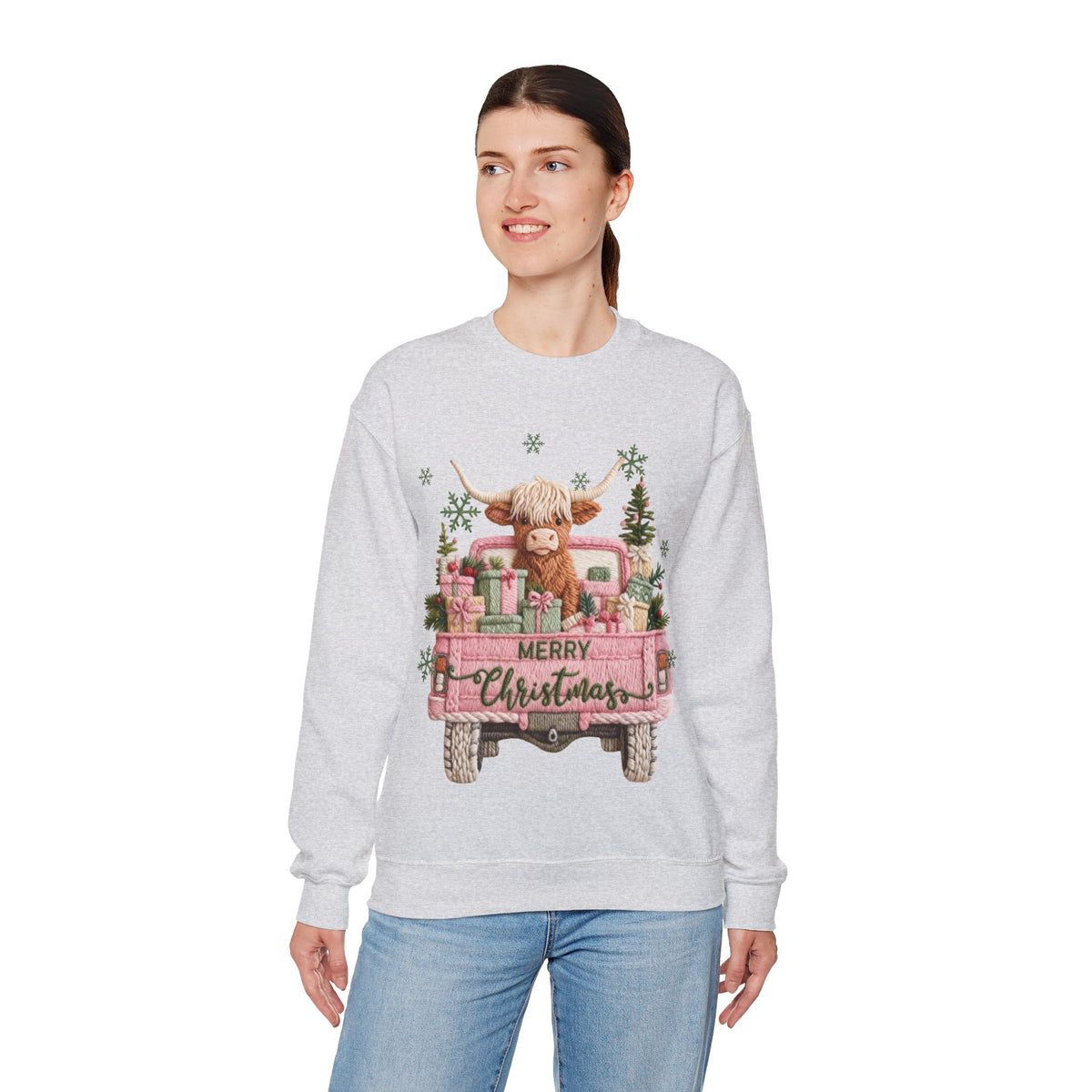 Highland Cow in Pink Truck Merry Christmas Holiday Farmhouse – Gildan Heavy Blend | Trendy Women’s Soft Sweatshirt. Direct to Garment. Printed & Shipped in the USA. Unisex Sizes.
