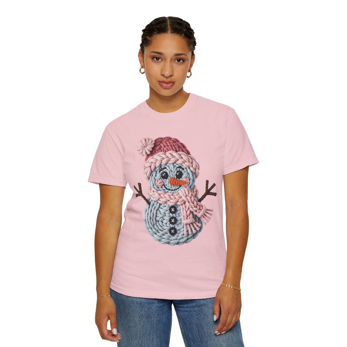 Cute Yarn Snowman - Pink Scarf - Comfort Colors | Trendy Women's T-Shirt. Direct to Garment. Printed & Shipped in the USA. Unisex Sizes.