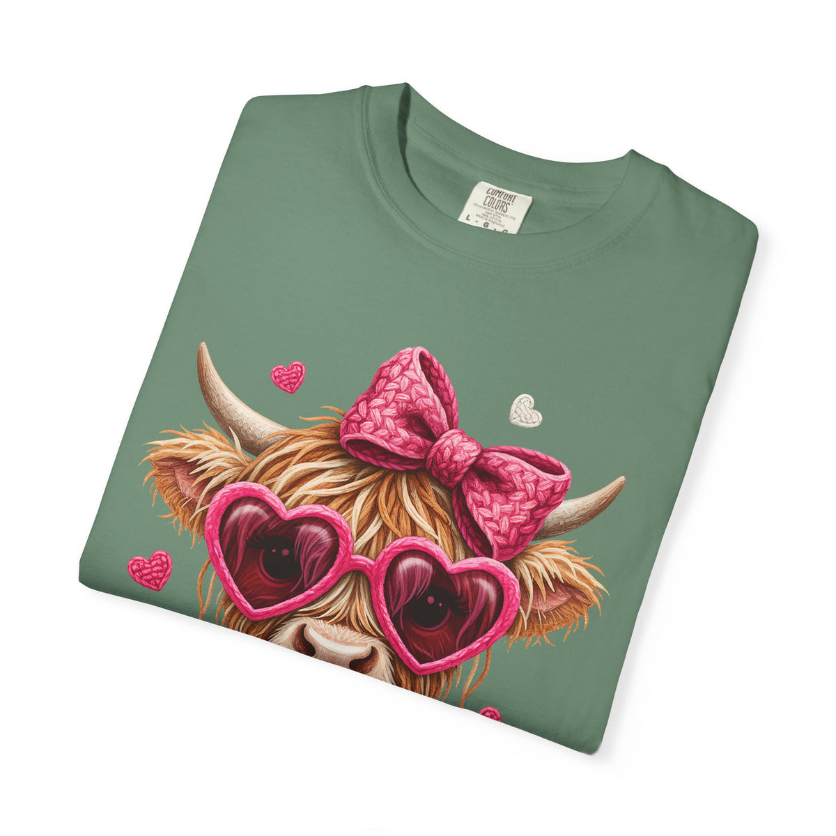 Highland Cow - Pink Heart Shaped Glasses - Comfort Colors | Trendy Women's T-Shirt. Direct to Garment. Printed & Shipped in the USA. Unisex Sizes.