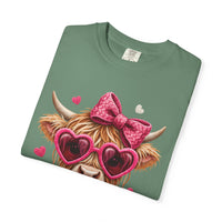 Highland Cow - Pink Heart Shaped Glasses - Comfort Colors | Trendy Women's T-Shirt. Direct to Garment. Printed & Shipped in the USA. Unisex Sizes.