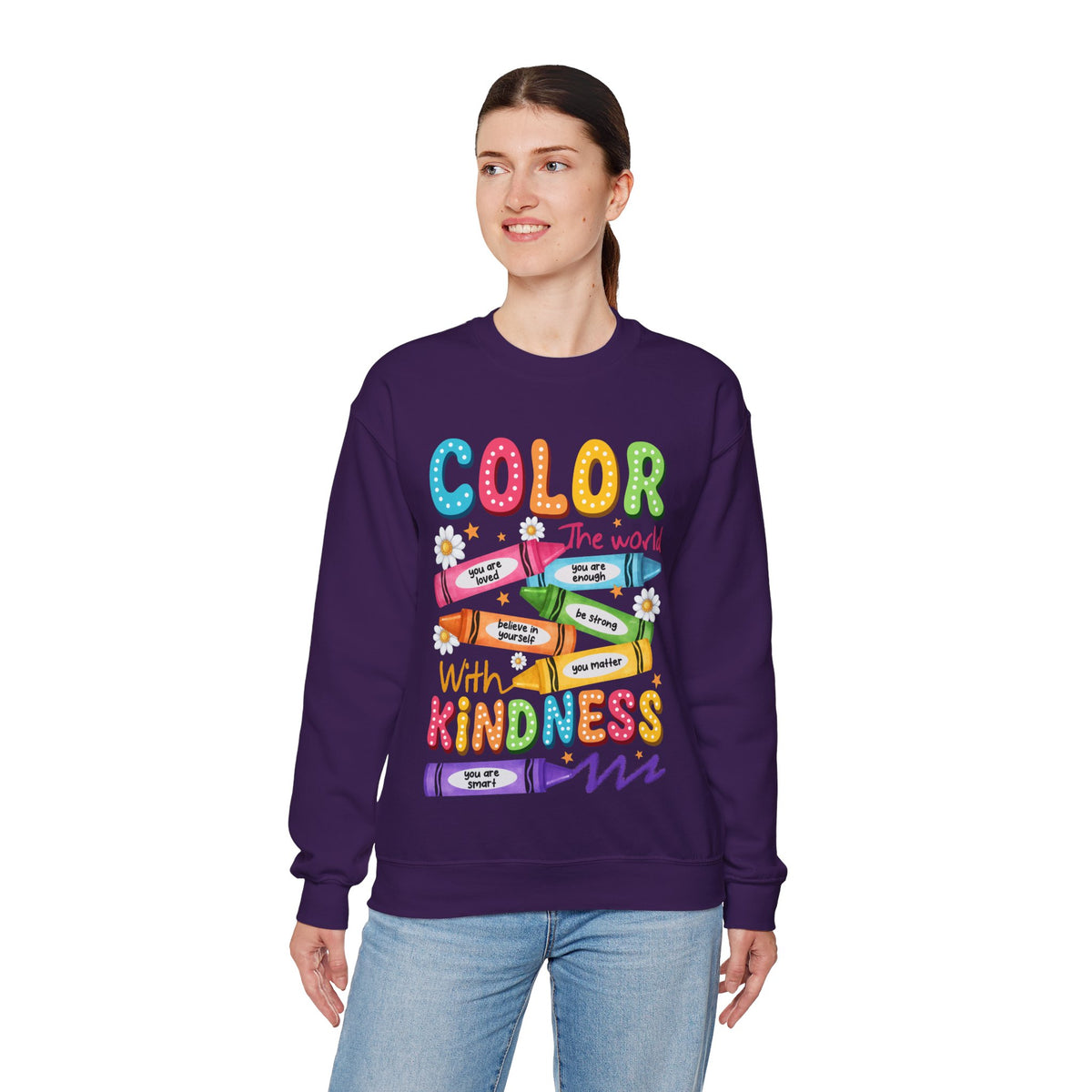 Color the World With Kindness Crayons, Great Teacher Gift – Gildan Heavy Blend | Trendy Women’s and Men's Soft Sweatshirt. Direct to Garment. Printed & Shipped in the USA. Unisex Sizes.