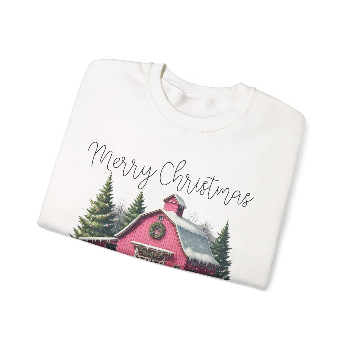 Merry Christmas Pink Barn Farm Animals – Gildan Heavy Blend | Trendy Women’s Soft Sweatshirt. Direct to Garment. Printed & Shipped in the USA. Unisex Sizes.