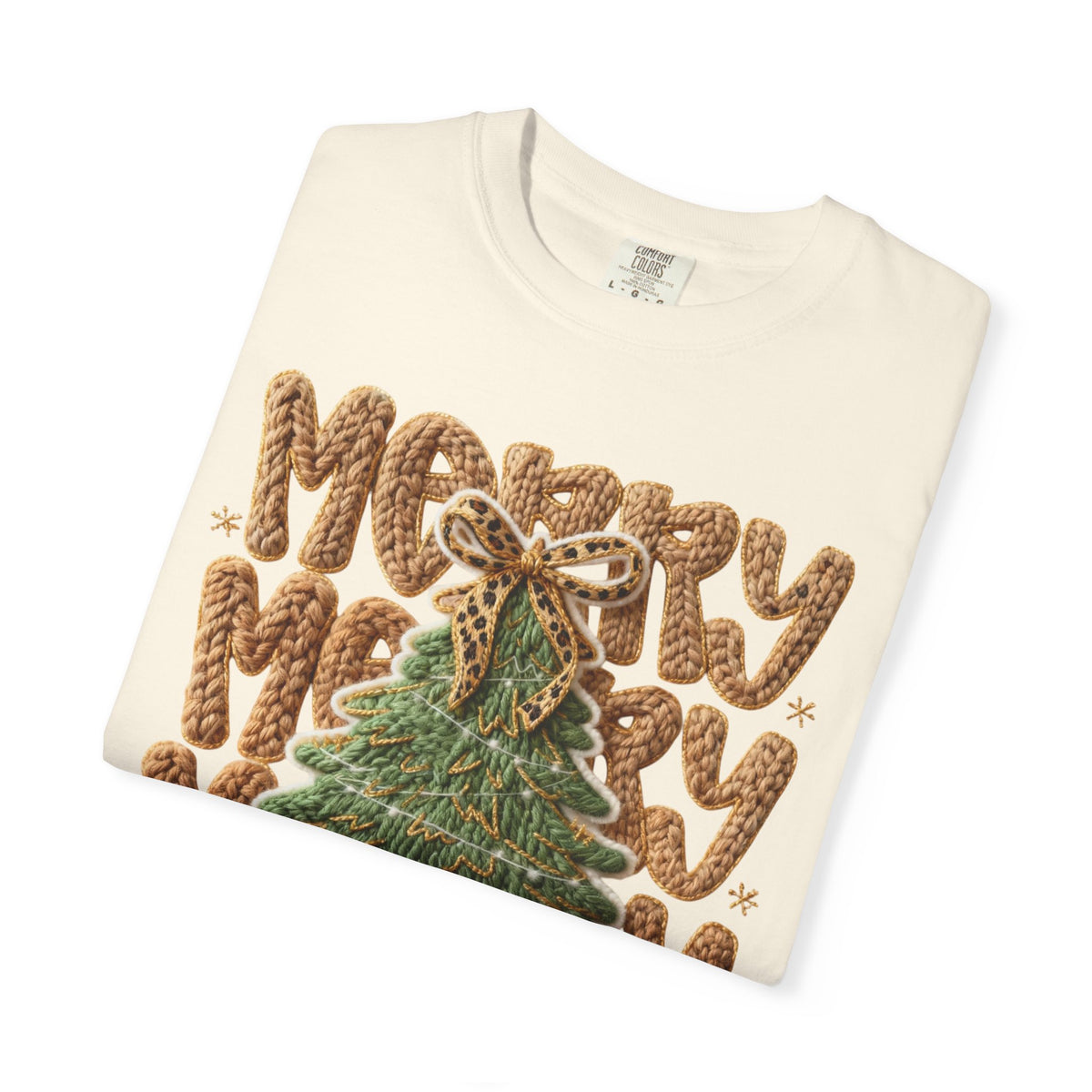 Merry Merry Merry Christmas, Faux Latch Hook Yarn - Comfort Colors | Trendy Women's T-Shirt. Direct to Garment. Printed & Shipped in the USA. Unisex Sizes.