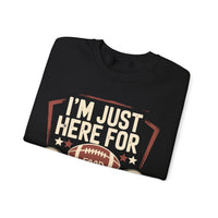 I'm Just Here for Food and Commercials – Gildan Heavy Blend | Trendy Women’s and Men's Soft Sweatshirt. Direct to Garment. Printed & Shipped in the USA. Unisex Sizes.