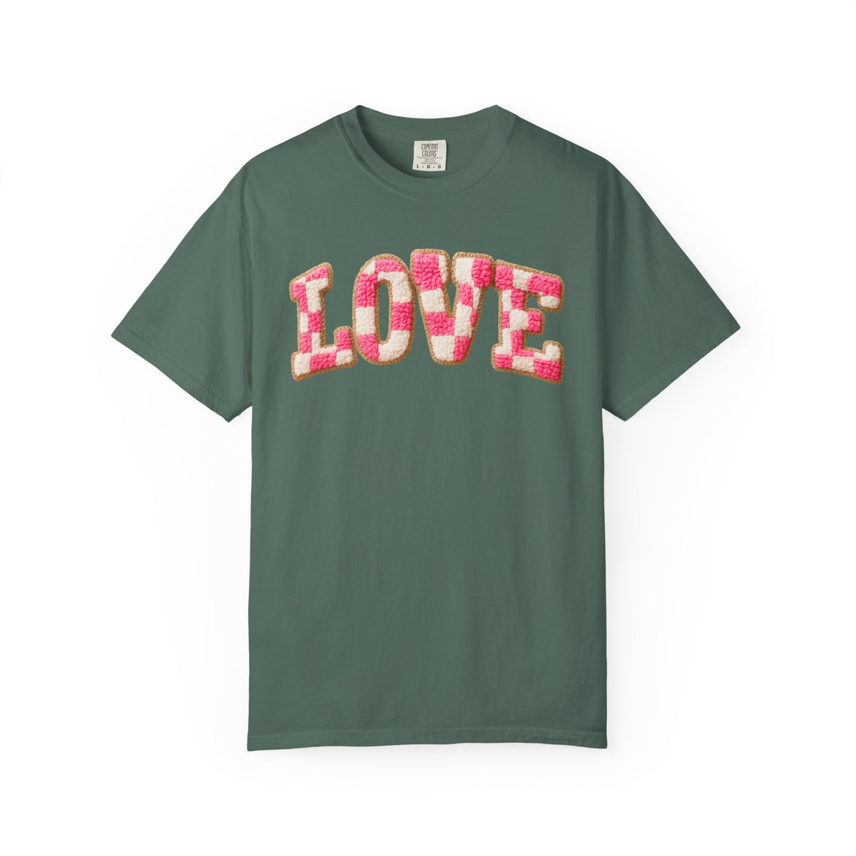 Faux Crochet Checkered LOVE - Comfort Colors | Trendy Women's T-Shirt. Direct to Garment. Printed & Shipped in the USA. Unisex Sizes.