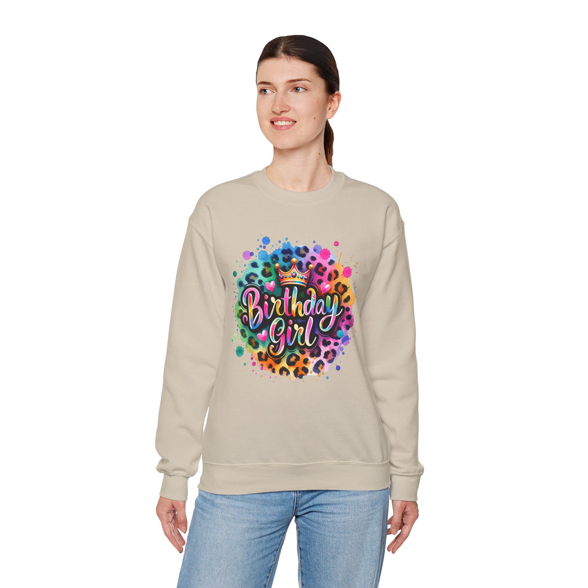 Birthday Girl, Neon Leopard – Gildan Heavy Blend | Trendy Women’s Soft Sweatshirt. Direct to Garment. Printed & Shipped in the USA. Unisex Sizes.