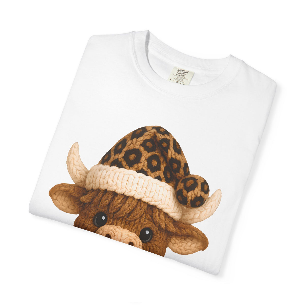 Cute Highland Cow with Leopard Santa Hat Christmas - Comfort Colors | Trendy Women's T-Shirt. Direct to Garment. Printed & Shipped in the USA. Unisex Sizes.