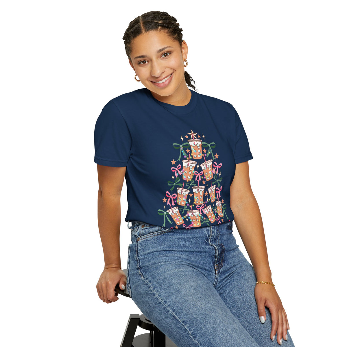 Merry and Caffeinated Iced Coffee Christmas Tree - Comfort Colors | Trendy Women's T-Shirt. Direct to Garment. Printed & Shipped in the USA. Unisex Sizes.