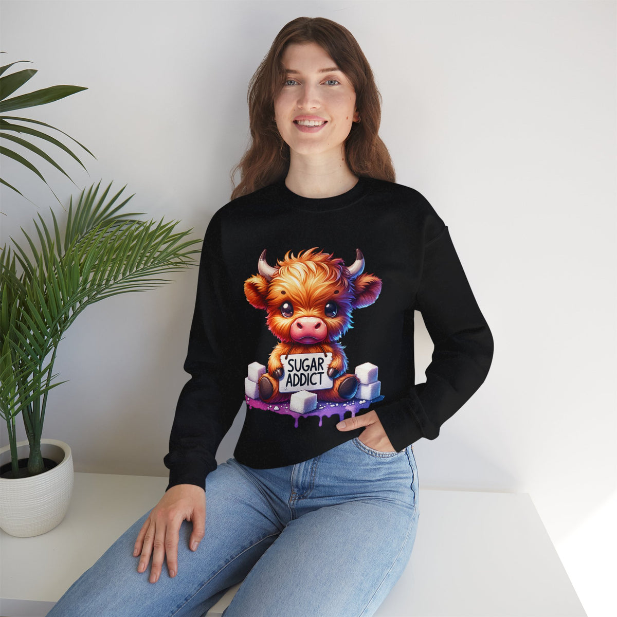 Sugar Addict Highland Cow – Gildan Heavy Blend | Trendy Women’s Soft Sweatshirt. Direct to Garment. Printed & Shipped in the USA. Unisex Sizes.