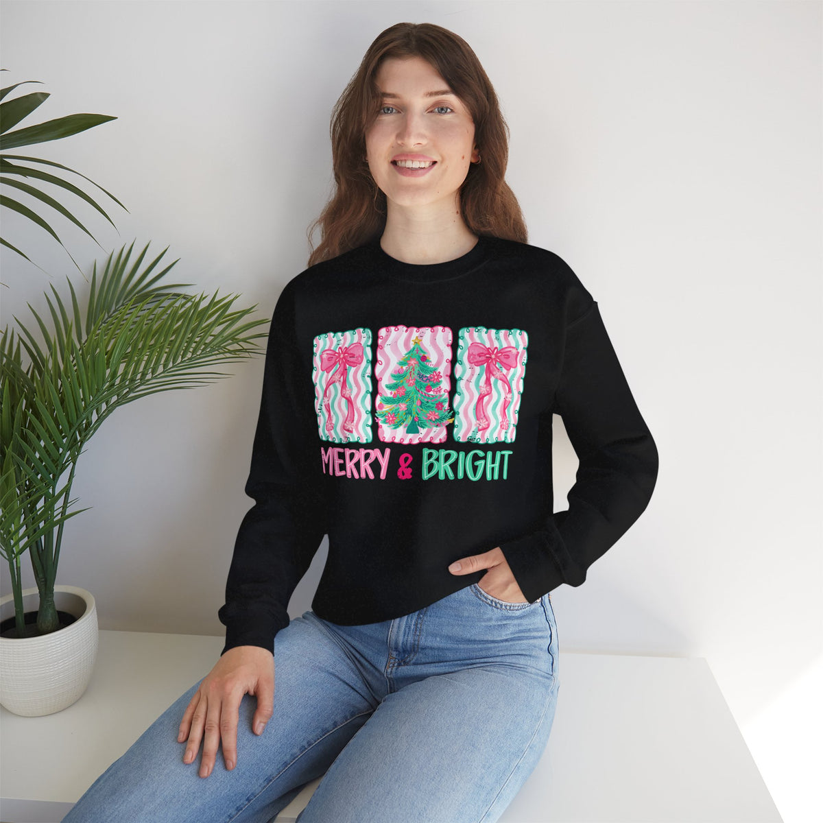 Merry & Bright Christmas - Pink & Green Holiday Tree Design – Gildan Heavy Blend | Trendy Women’s Soft Sweatshirt. Direct to Garment. Printed & Shipped in the USA. Unisex Sizes.