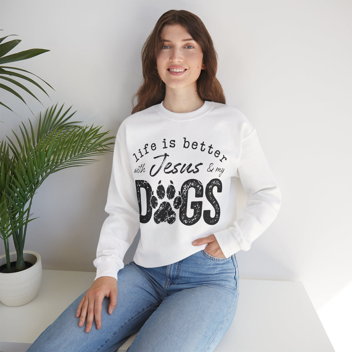 Life is Better With Jesus and My Dogs – Gildan Heavy Blend | Trendy Women’s and Men's Soft Sweatshirt. Direct to Garment. Printed & Shipped in the USA. Unisex Sizes.