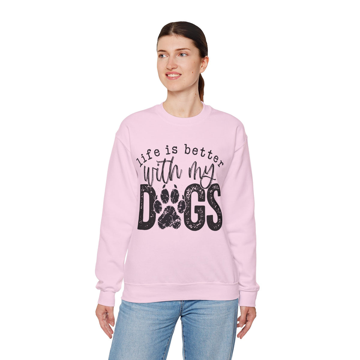 Life Is Better With My Dogs, Distressed – Gildan Heavy Blend | Trendy Women’s and Men's Soft Sweatshirt. Direct to Garment. Printed & Shipped in the USA. Unisex Sizes.