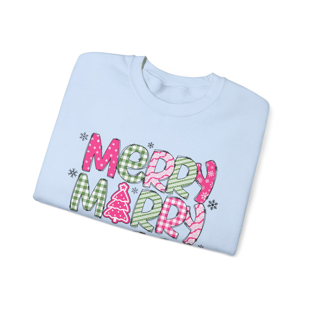 Merry Merry Merry Christmas Festive Candy Cane - Pink and Green – Gildan Heavy Blend | Trendy Women’s Soft Sweatshirt. Direct to Garment. Printed & Shipped in the USA. Unisex Sizes.