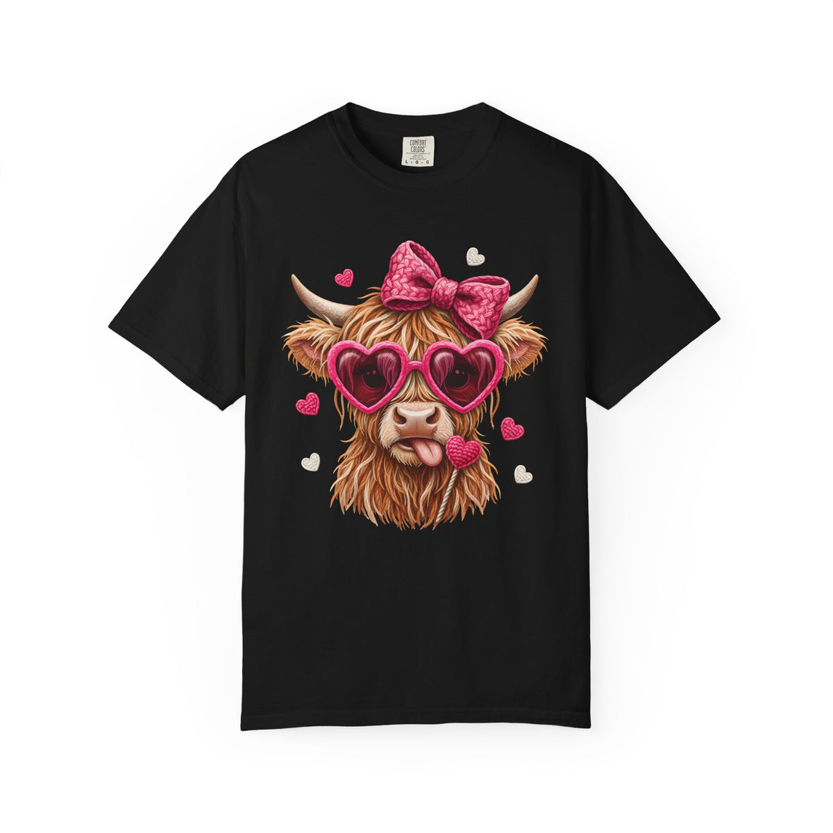 Highland Cow - Pink Heart Shaped Glasses - Comfort Colors | Trendy Women's T-Shirt. Direct to Garment. Printed & Shipped in the USA. Unisex Sizes.