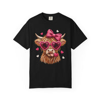 Highland Cow - Pink Heart Shaped Glasses - Comfort Colors | Trendy Women's T-Shirt. Direct to Garment. Printed & Shipped in the USA. Unisex Sizes.