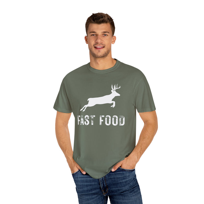 Fast Food Deer Hunting Humor Distressed - Comfort Colors | Trendy Men's and Women's T-Shirt. Direct to Garment. Printed & Shipped in the USA. Unisex Sizes.