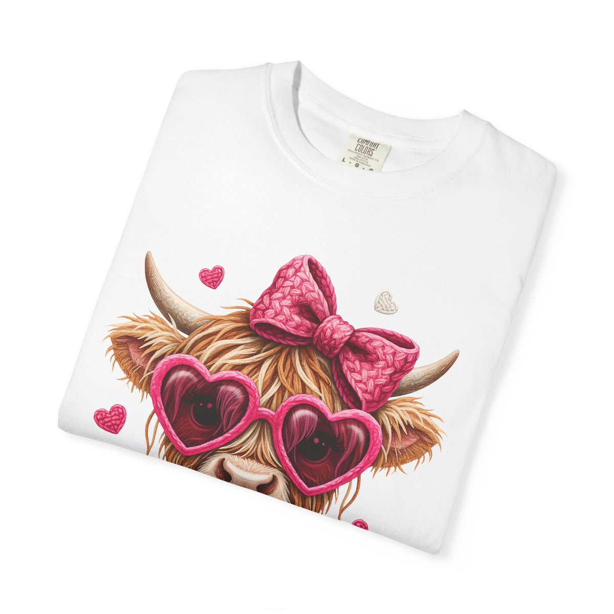 Highland Cow - Pink Heart Shaped Glasses - Comfort Colors | Trendy Women's T-Shirt. Direct to Garment. Printed & Shipped in the USA. Unisex Sizes.