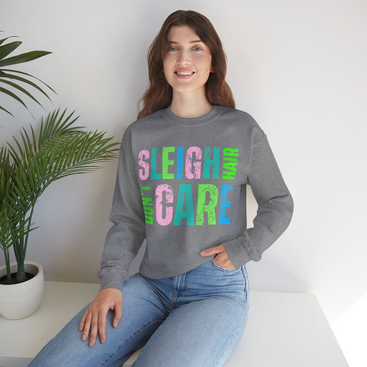 Sleigh Hair Don’t Care, Funny Christmas Graphic Tee – Gildan Heavy Blend | Trendy Women’s Soft Sweatshirt. Direct to Garment. Printed & Shipped in the USA. Unisex Sizes.