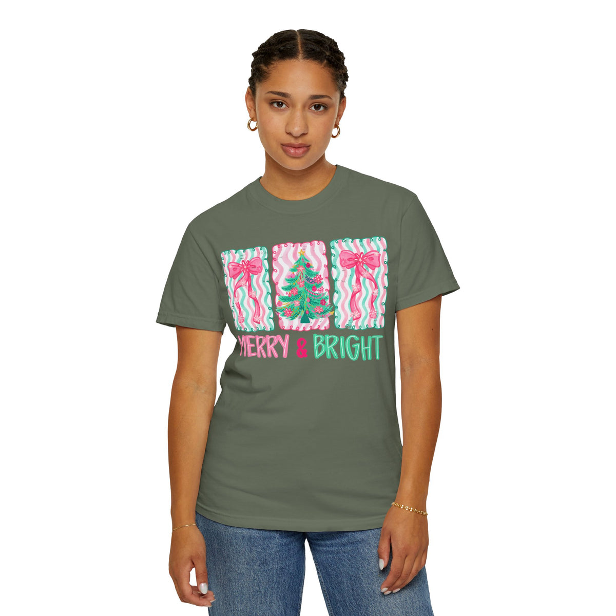 Merry & Bright Christmas — Pink & Green Holiday Tree Design - Comfort Colors | Trendy Women's T-Shirt. Direct to Garment. Printed & Shipped in the USA. Unisex Sizes.