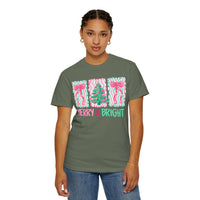 Merry & Bright Christmas — Pink & Green Holiday Tree Design - Comfort Colors | Trendy Women's T-Shirt. Direct to Garment. Printed & Shipped in the USA. Unisex Sizes.