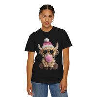 Faux Crochet Highland Cow Bubblegum - Comfort Colors | Trendy Women's T-Shirt. Direct to Garment. Printed & Shipped in the USA. Unisex Sizes.