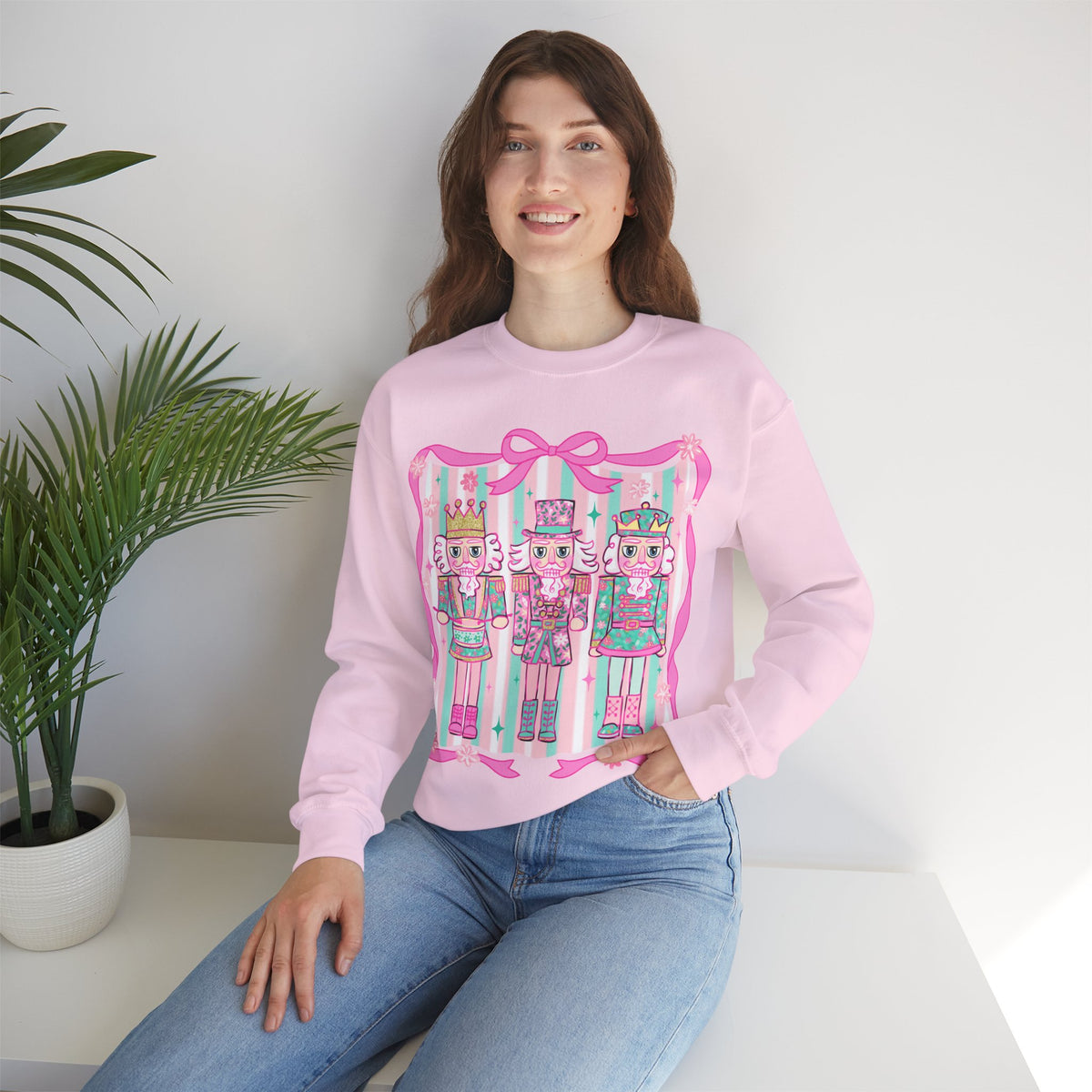 Coquette Pastel Christmas Nutcracker Trio Pink and Green – Gildan Heavy Blend | Trendy Women’s Soft Sweatshirt. Direct to Garment. Printed & Shipped in the USA. Unisex Sizes.