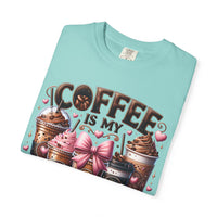 Coffee Is My Soul Food, Iced Coffee, Pink Bow - Comfort Colors | Trendy Women's T-Shirt. Direct to Garment. Printed & Shipped in the USA. Unisex Sizes.