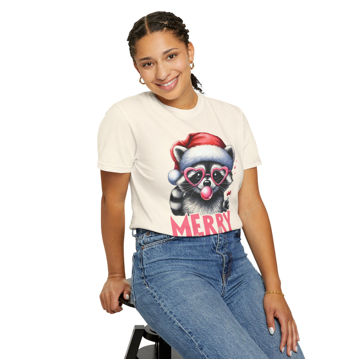 Merry Trashmas Bubblegum Raccoon w/Santa Hat Christmas - Comfort Colors | Trendy Women's T-Shirt. Direct to Garment. Printed & Shipped in the USA. Unisex Sizes.