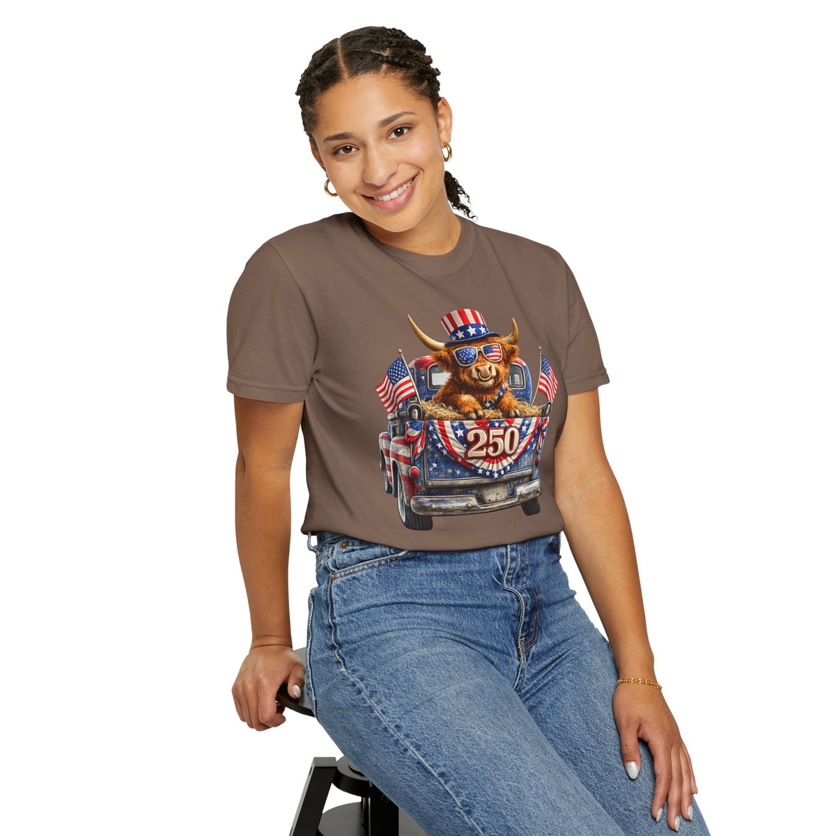 Patriotic Highland, America's 250th Birthday - Comfort Colors | Trendy Women's and Men's T-Shirt. Direct to Garment. Printed & Shipped in the USA. Unisex Sizes.