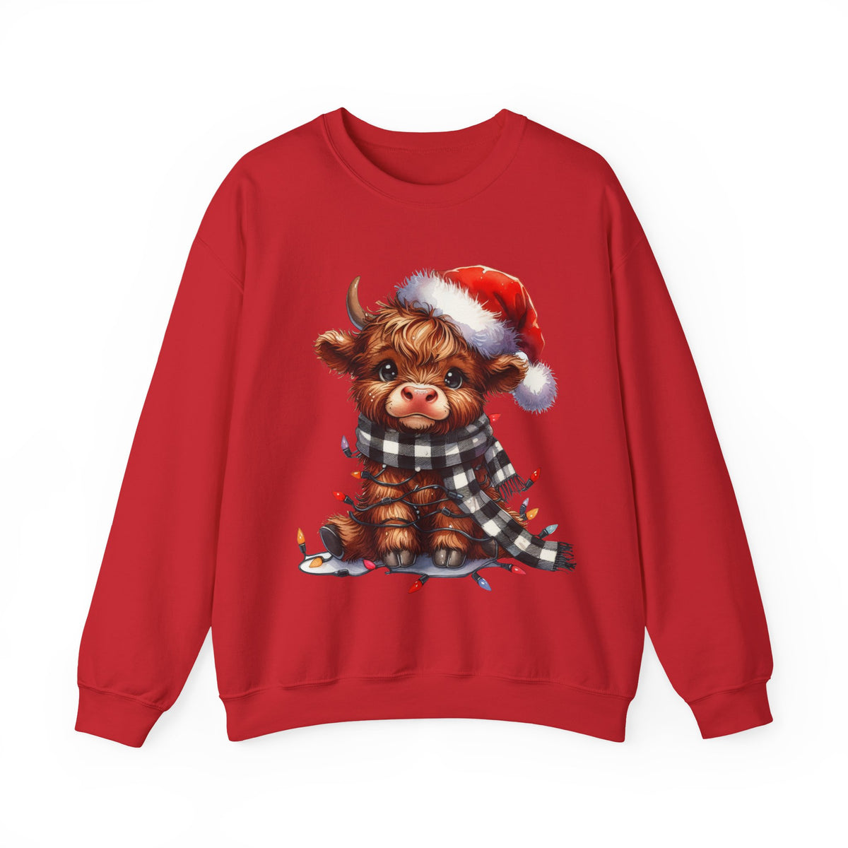Cute Highland Cow Santa Hat Scarf Christmas Lights – Gildan Heavy Blend | Trendy Women’s Soft Sweatshirt. Direct to Garment. Printed & Shipped in the USA. Unisex Sizes.