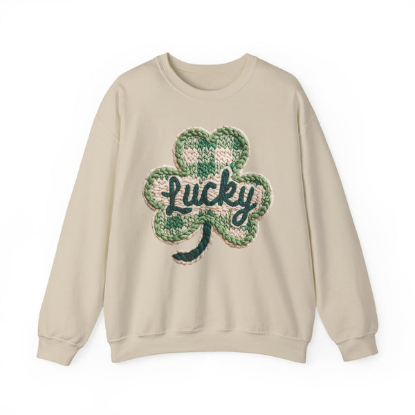 Lucky Shamrock Faux Knit – Gildan Heavy Blend | Trendy Men's and Women’s Soft Sweatshirt. Direct to Garment. Printed & Shipped in the USA. Unisex Sizes.
