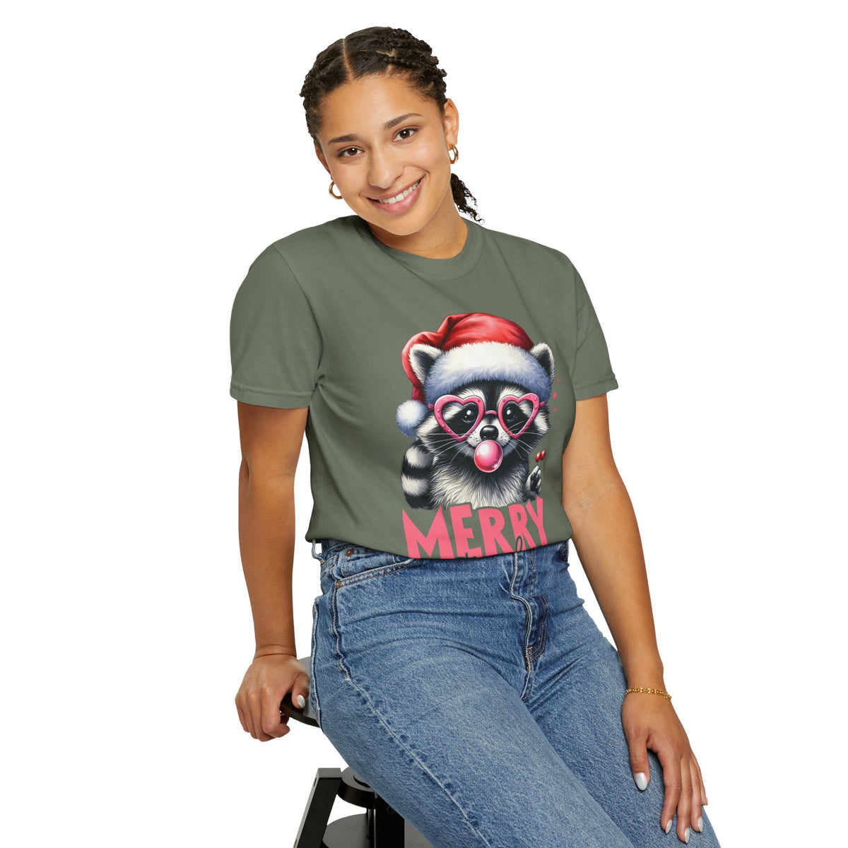 Merry Trashmas Bubblegum Raccoon w/Santa Hat Christmas - Comfort Colors | Trendy Women's T-Shirt. Direct to Garment. Printed & Shipped in the USA. Unisex Sizes.
