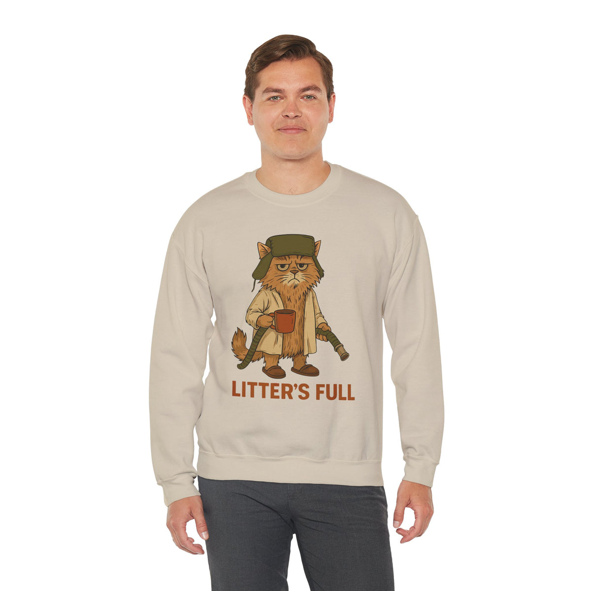 Litter's Full, Funny Cat – Gildan Heavy Blend | Trendy Men's and Women’s Soft Sweatshirt. Direct to Garment. Printed & Shipped in the USA. Unisex Sizes.