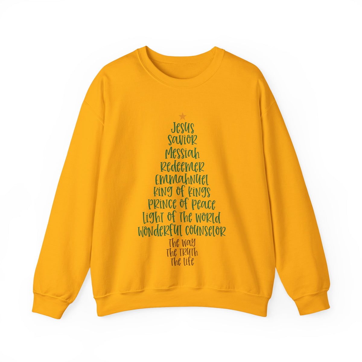 Jesus Names Christmas Tree – Gildan Heavy Blend | Trendy Women’s Soft Sweatshirt. Direct to Garment. Printed & Shipped in the USA. Unisex Sizes.