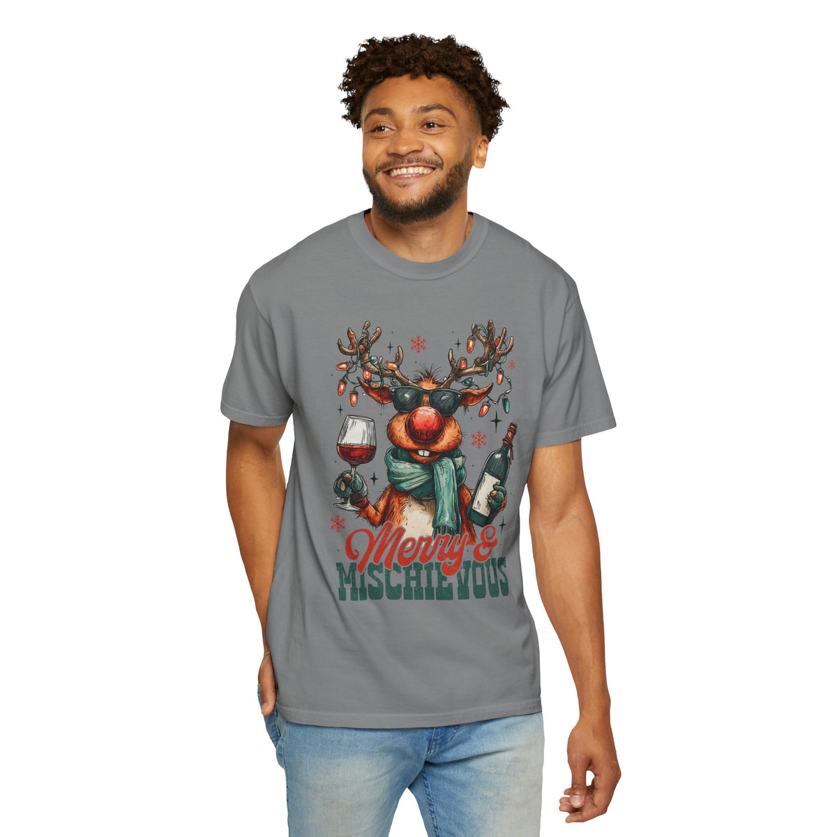 Merry & Mischievous Reindeer - Comfort Colors | Trendy Women's and Men's T-Shirt. Direct to Garment. Printed & Shipped in the USA. Unisex Sizes.