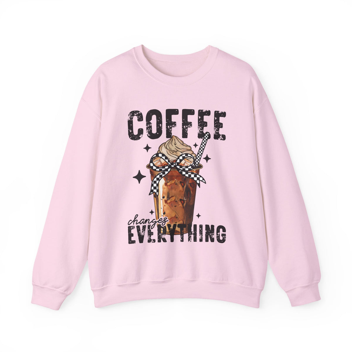 Coffee Changes Everything, Iced Coffee, Coffee Lovers – Gildan Heavy Blend | Trendy Women’s Soft Sweatshirt. Direct to Garment. Printed & Shipped in the USA. Unisex Sizes.