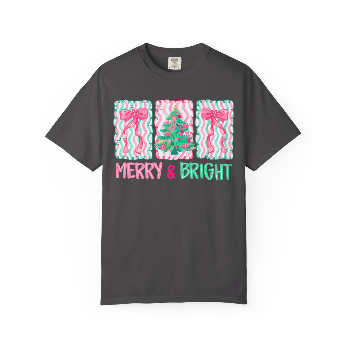 Merry & Bright Christmas — Pink & Green Holiday Tree Design - Comfort Colors | Trendy Women's T-Shirt. Direct to Garment. Printed & Shipped in the USA. Unisex Sizes.