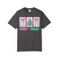 Merry & Bright Christmas — Pink & Green Holiday Tree Design - Comfort Colors | Trendy Women's T-Shirt. Direct to Garment. Printed & Shipped in the USA. Unisex Sizes.