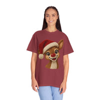 Cute Rudolph Faux Knit Look Reindeer w/Santa Hat - Comfort Colors | Trendy Women's T-Shirt. Direct to Garment. Printed & Shipped in the USA. Unisex Sizes.