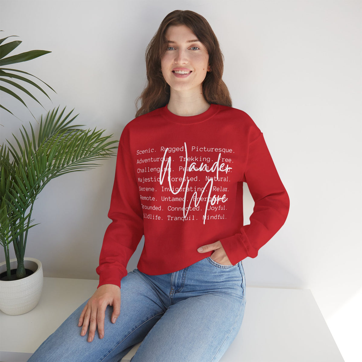 Wander More, Scenic Adventure Typography – Gildan Heavy Blend | Trendy Men's and Women’s Soft Sweatshirt. Direct to Garment. Printed & Shipped in the USA. Unisex Sizes.