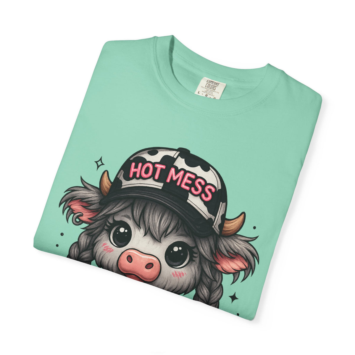 Cute Highland Cow 'Hot Mess' In Braids  - Comfort Colors | Trendy Women's T-Shirt. Direct to Garment. Printed & Shipped in the USA. Unisex Sizes.