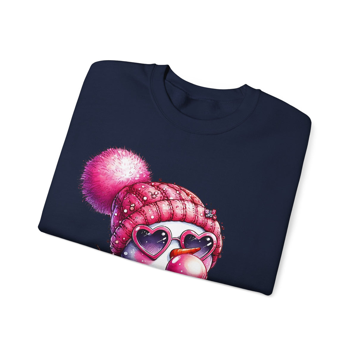 Pink Girly Snowman with Heart Sunglasses and Bubblegum - Winter – Gildan Heavy Blend | Trendy Women’s Soft Sweatshirt. Direct to Garment. Printed & Shipped in the USA. Unisex Sizes.